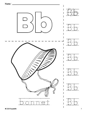 Free printable bonnet Thanksgiving coloring page and letter tracing worksheet, letter b worksheet for preschool, pre-k, and kindergarten, PDF