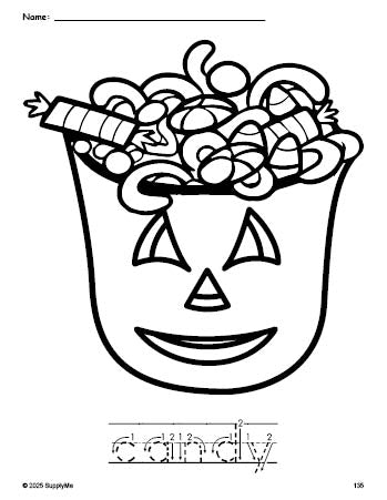 FREE Printable Candy Halloween Coloring Page and Word Tracing Worksheet ...