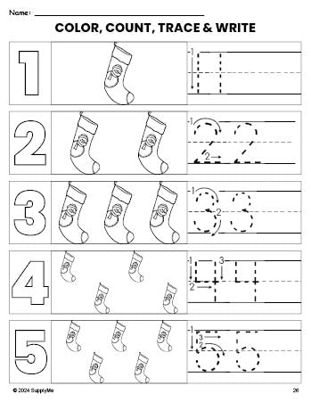 FREE Printable Stocking Christmas Coloring Page and Number Tracing ...