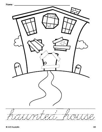 FREE Printable Haunted House Halloween Coloring Page and Cursive Word ...