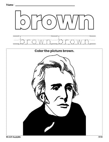 FREE Presidents' Day Andrew Jackson Color Brown Coloring Page and Color ...