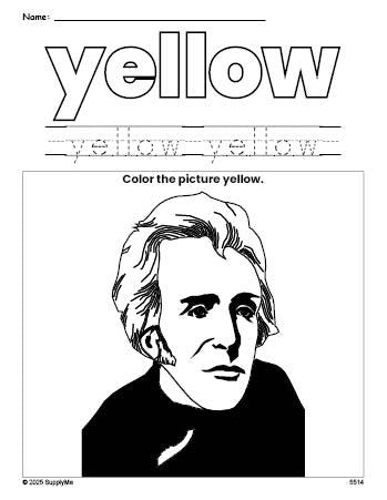 FREE Presidents' Day Andrew Jackson Color Yellow Coloring Page and ...
