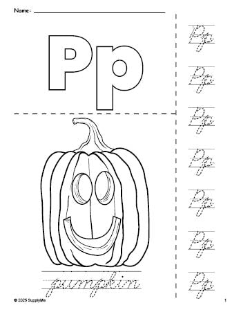 Free printable pumpkin Halloween coloring page and cursive letter tracing worksheet, letter p worksheet for preschool, pre-k, and kindergarten, PDF