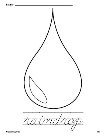 Free printable raindrop coloring page and cursive word tracing worksheet, perfect for preschool, pre-k, and kindergarten, PDF