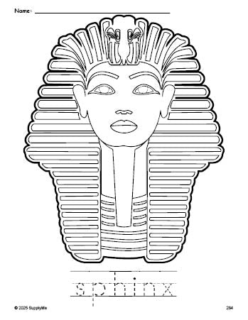 Free printable sphinx coloring page and word tracing worksheet, perfect for preschool, pre-k, and kindergarten, PDF