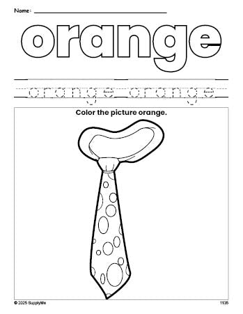Free tie color orange coloring page and color worksheet, orange worksheet for preschoolers to learn colors, printable PDF
