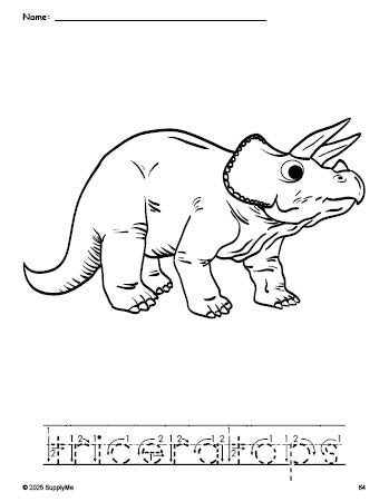 FREE Printable Triceratops Coloring Page and Word Tracing Worksheet ...