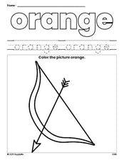 Free Valentine's Day bow and arrow color orange coloring page and color worksheet, orange worksheet for preschoolers to learn colors, printable PDF