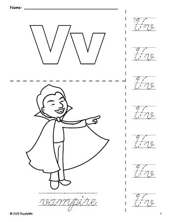 FREE Printable Vampire Halloween Coloring Page and Cursive Letter ...