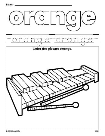 Free xylophone color orange coloring page and color worksheet, orange worksheet for preschoolers to learn colors, printable PDF