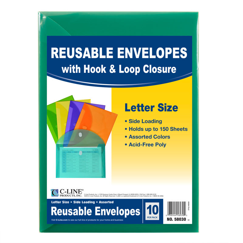 Reusable Envelopes with Hook & Loop Closure, 10 Pack Assorted