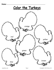 "Color the Turkeys" - Printable Color Words Worksheet!