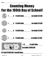 FREE Printable 100th Day of School Counting Money Worksheet