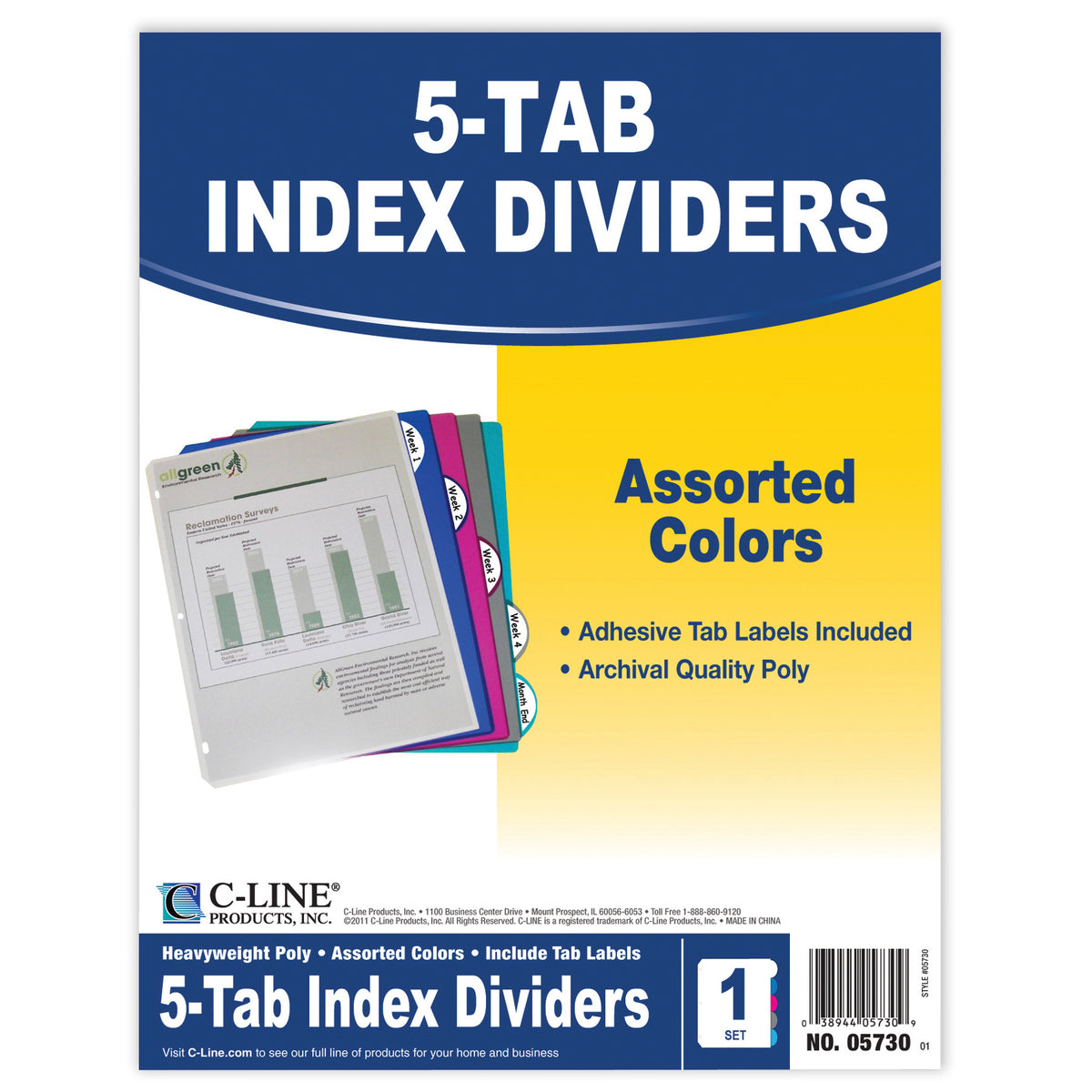 C-Line Products 5 Tab Poly Index Dividers, Assorted 5 Standard Tab