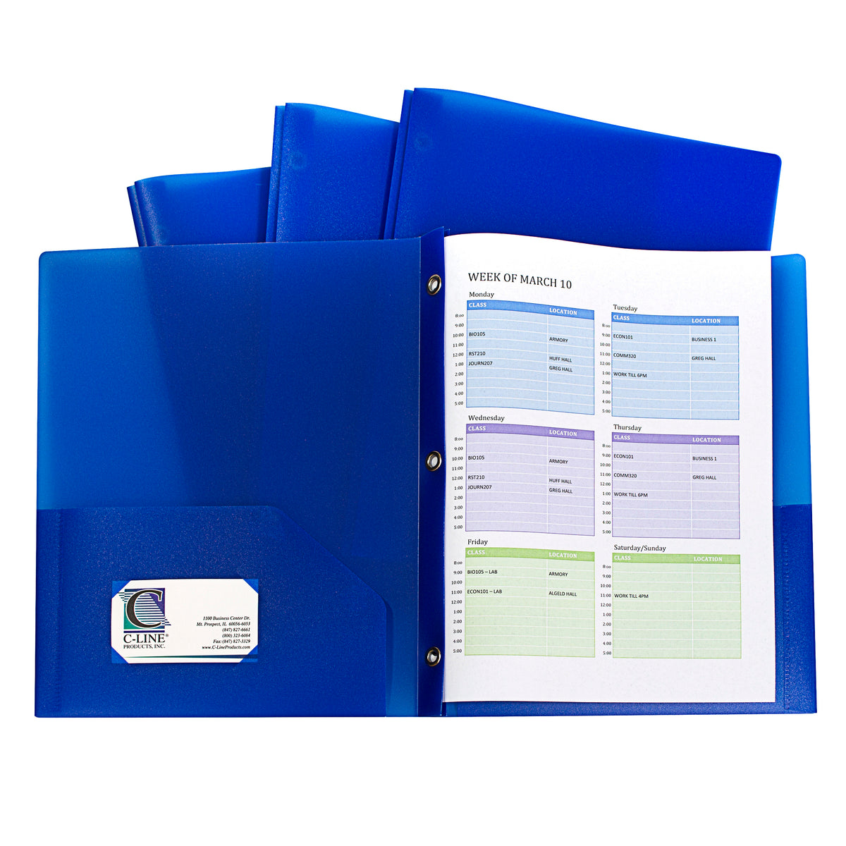 C-Line Products Two-Pocket Heavyweight Poly Portfolio Folder with Prongs, 10 Pack Blue