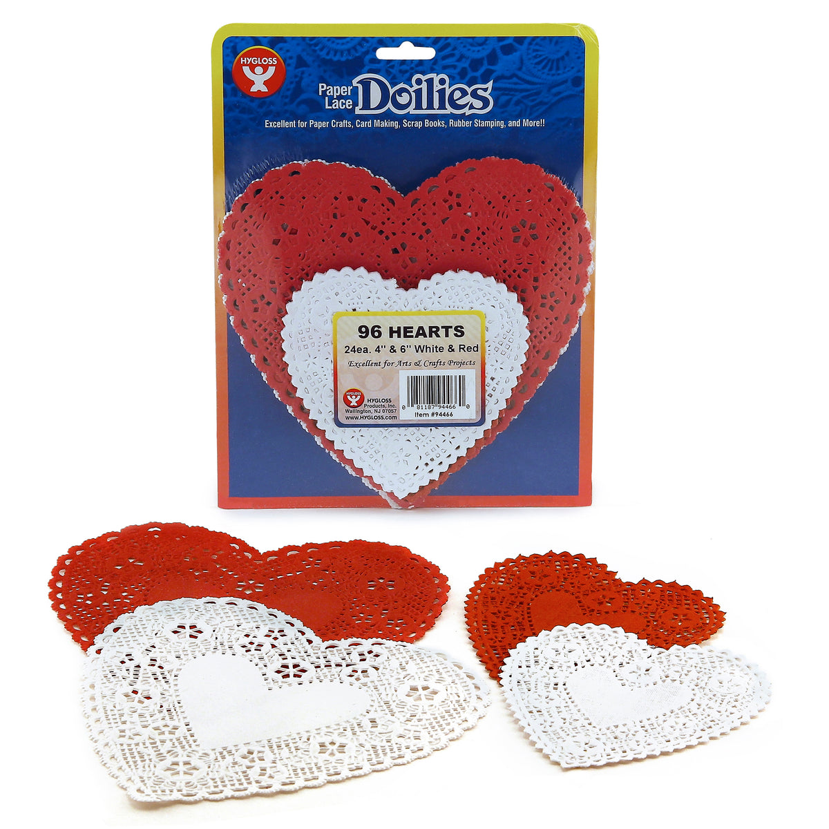 Hygloss Products Heart Paper Lace Doilies, Red & White