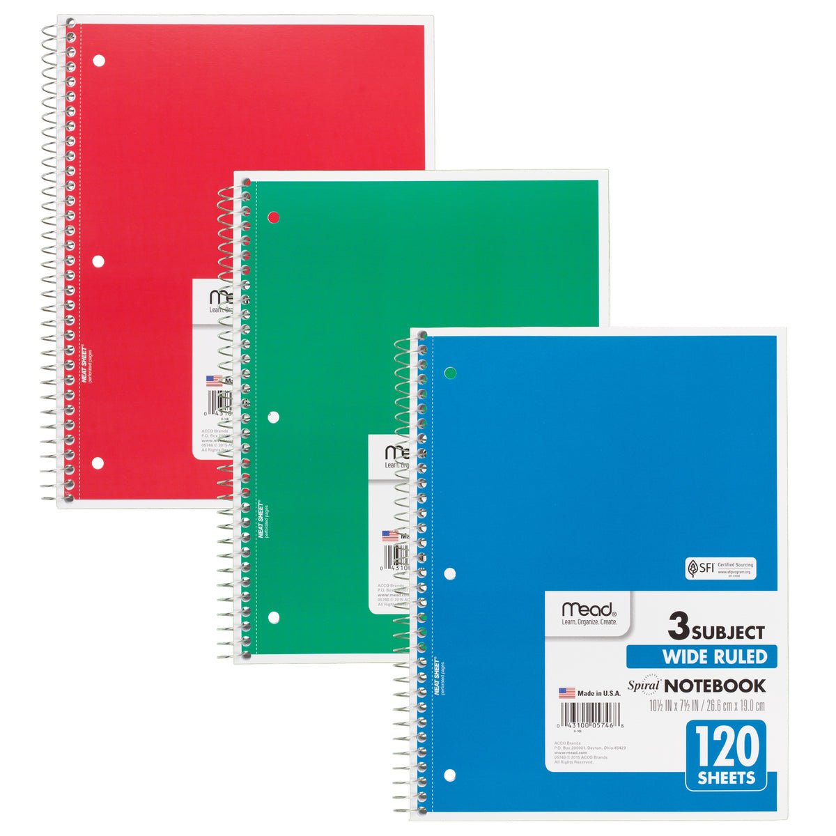 Mead Notebook Spiral 3 Subject 120 Count 10 1/2 x 8