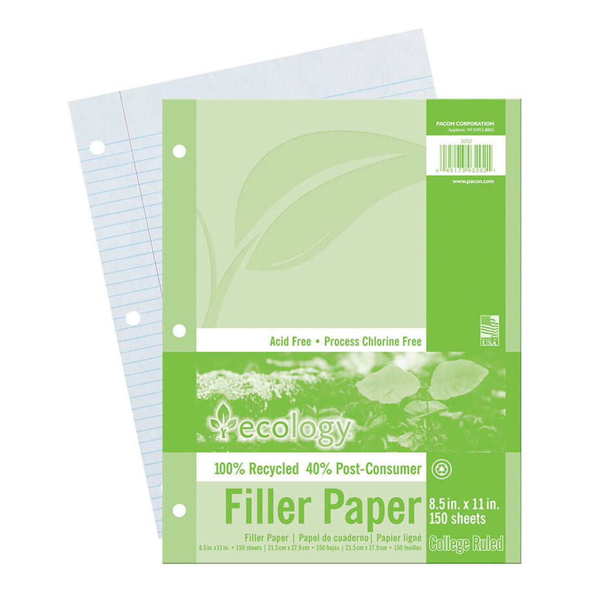 Pacon Ecology Recycled Filler Paper, 150 Sheets 9/32 Inch College Ruling