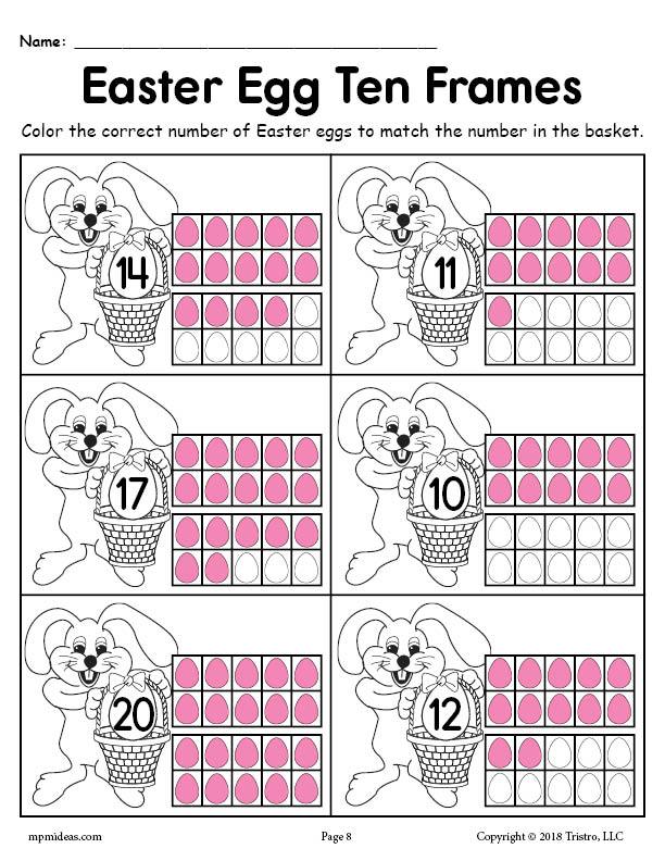 Printable Easter Egg Ten Frame Worksheets Numbers 1-20!
