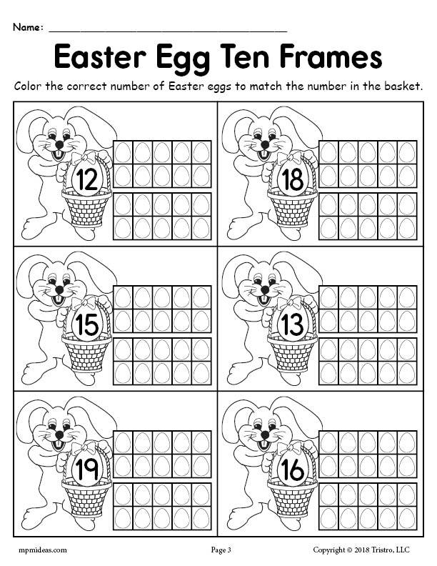 Printable Easter Egg Ten Frame Worksheets Numbers 1-20!