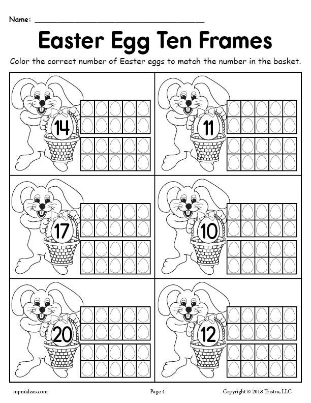 Printable Easter Egg Ten Frame Worksheets Numbers 1-20!