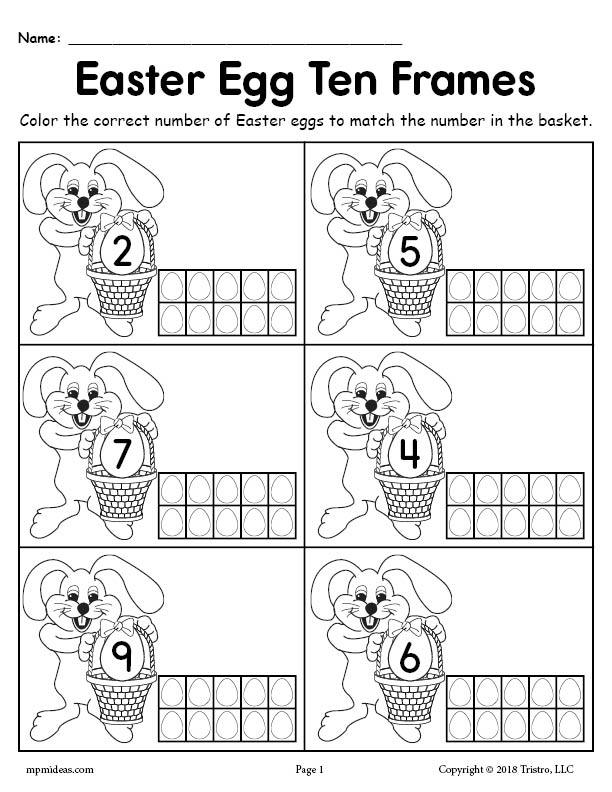 FREE Printable Easter Egg Ten Frame Worksheets Numbers 1-20!