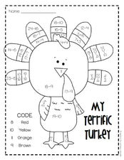 "My Terrific Turkey" FREE Addition & Subtraction Worksheet for Thanksgiving!