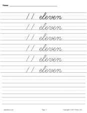 Printable Number Eleven Cursive Handwriting & Tracing Worksheet