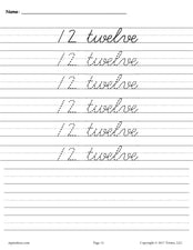Printable Number Twelve Cursive Handwriting & Tracing Worksheet