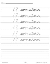 Printable Number Seventeen Cursive Handwriting & Tracing Worksheet