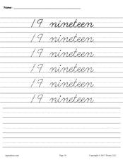 Printable Number Nineteen Cursive Handwriting & Tracing Worksheet