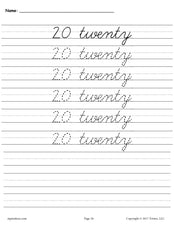 Printable Number Twenty Cursive Handwriting & Tracing Worksheet