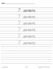 Printable Number Seven Cursive Handwriting & Tracing Worksheet