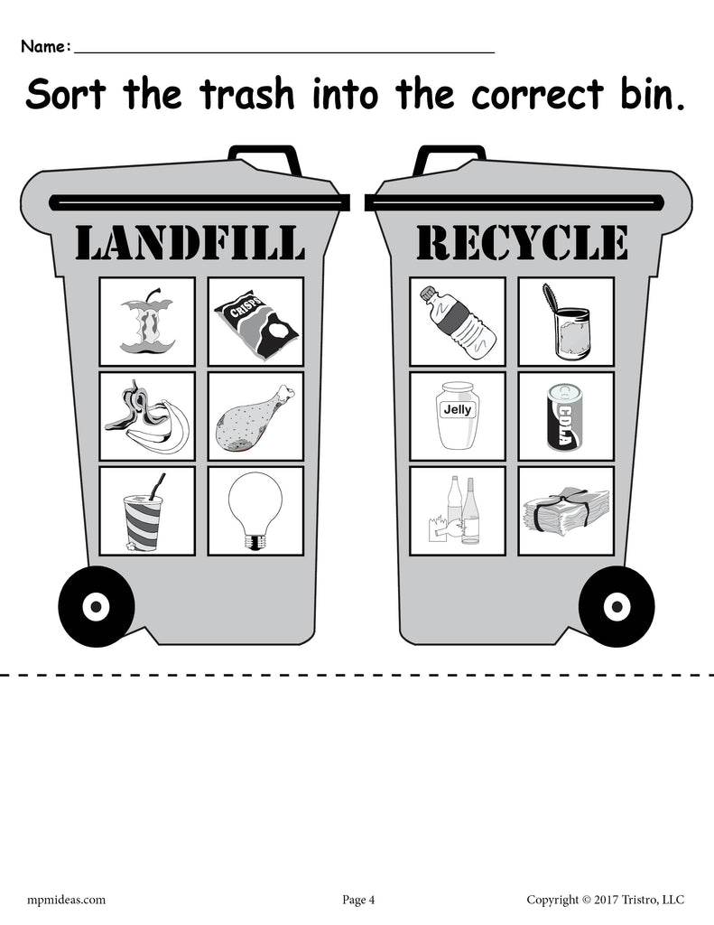 FREE Sorting Trash - Earth Day Recycling Worksheets (4 Printable Versions!)