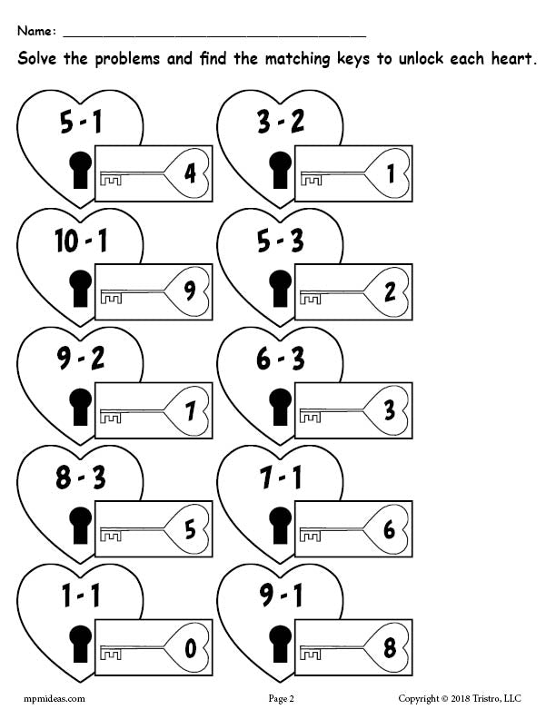 FREE 3 Printable Valentine's Day Subtraction Worksheets!