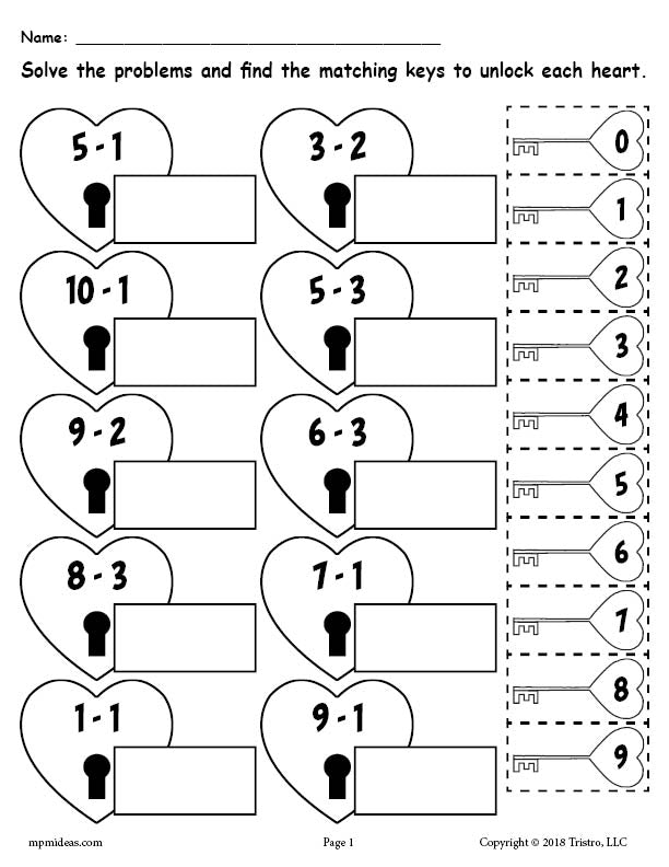 3 FREE Printable Valentine's Day Subtraction Worksheets!