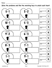 3 FREE Printable Valentine's Day Subtraction Worksheets!