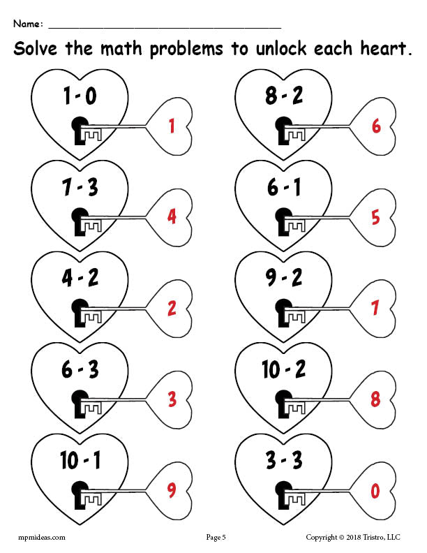 FREE 3 Printable Valentine's Day Subtraction Worksheets!