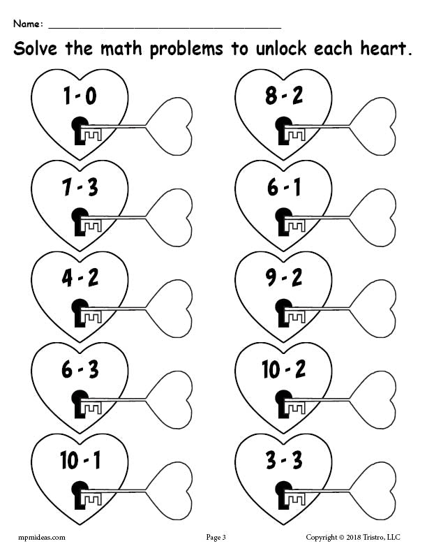 FREE 3 Printable Valentine's Day Subtraction Worksheets!
