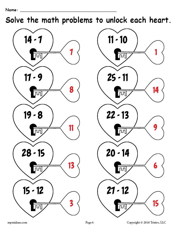 FREE 3 Printable Valentine's Day Subtraction Worksheets!