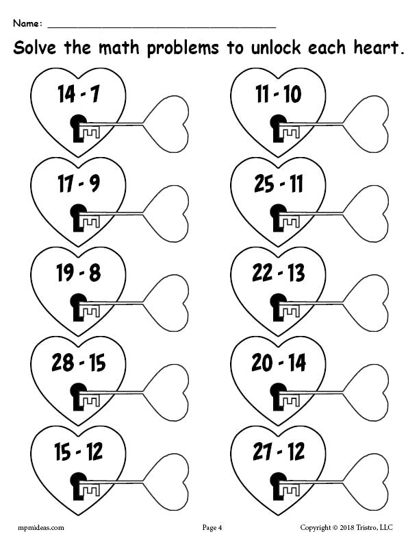 FREE 3 Printable Valentine's Day Subtraction Worksheets!