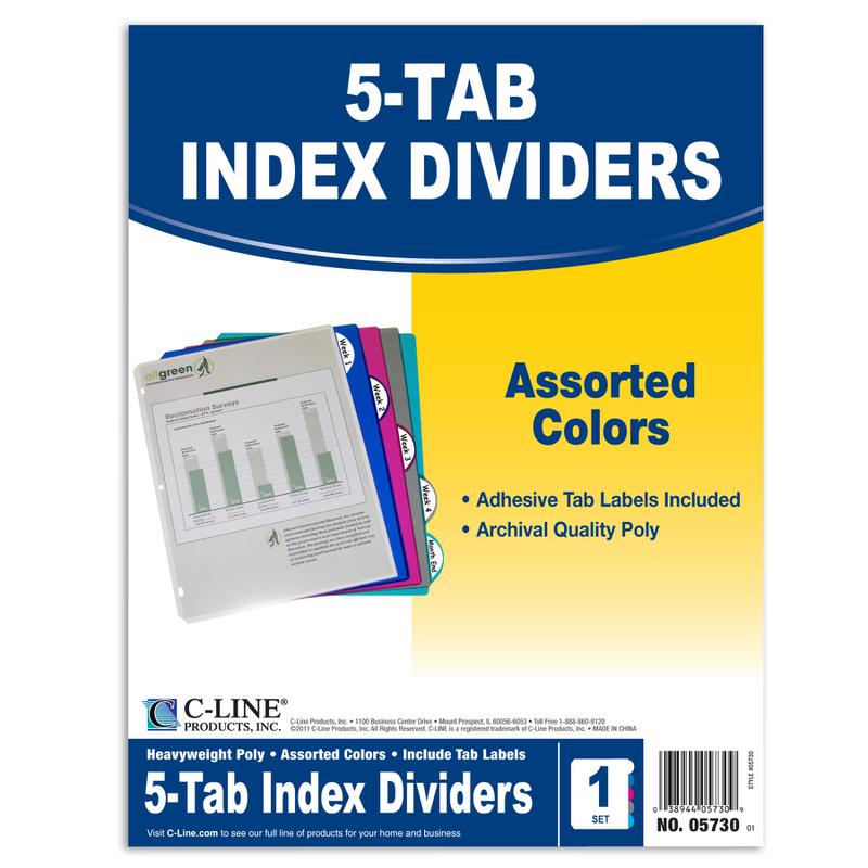 5 Tab Poly Index Dividers, Assorted 5 Standard Tab