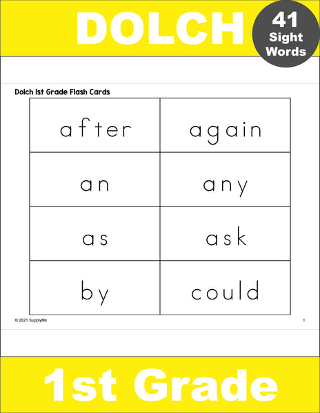 First Grade Sight Word Flash Cards, 5 Variations, All 41 Dolch 1st Grade Sight Words