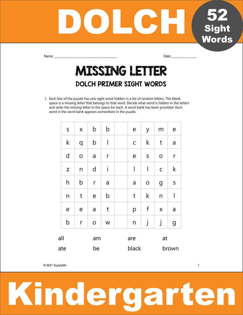 FREE Kindergarten Sight Words Worksheets - Missing Letter, All 52 Dolch Primer Sight Words