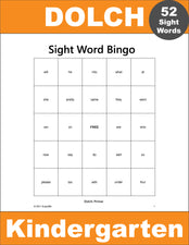 Kindergarten Sight Words Bingo, All 52 Dolch Primer Sight Words