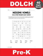 Pre-Primer Dolch Sight Words Worksheets - Missing Vowels, Pre-K