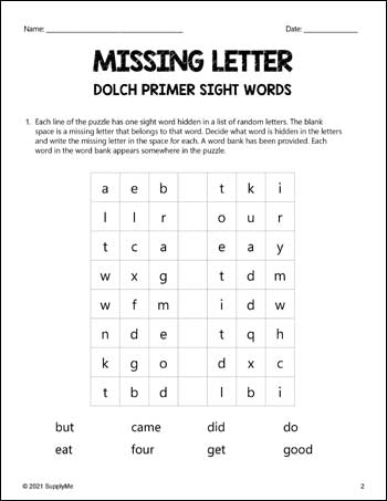 FREE Kindergarten Sight Words Worksheets - Missing Letter, All 52 Dolch Primer Sight Words
