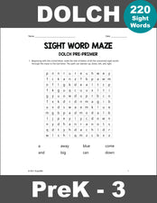 Sight Words Worksheets - Sight Word Maze, All 220 Dolch Sight Words, Grades PreK-3