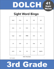 Third Grade Sight Words Bingo, All 41 Dolch 3rd Grade Sight Words