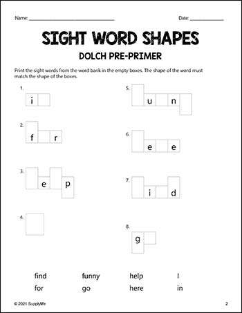 Pre-Primer Dolch Sight Words Worksheets - Word Shapes, 3 Variations, Pre-K